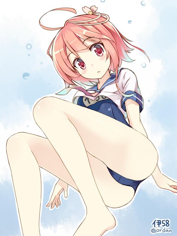 1girl ahoge artist_name ass bare_legs bare_shoulders blush character_name from_below hair_ornament i-58_(kantai_collection) kantai_collection looking_at_viewer looking_down open_mouth orda pink_eyes pink_hair sailor_collar school_swimsuit short_hair solo swimsuit