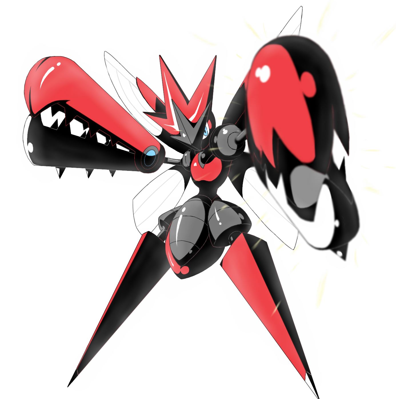 blue_eyes claws highres horns insect_wings mega_pokemon mega_scizor multiple_wings no_humans pokemon pokemon_(creature) pokemon_(game) pokemon_xy scizor solo spikes summersketch wings