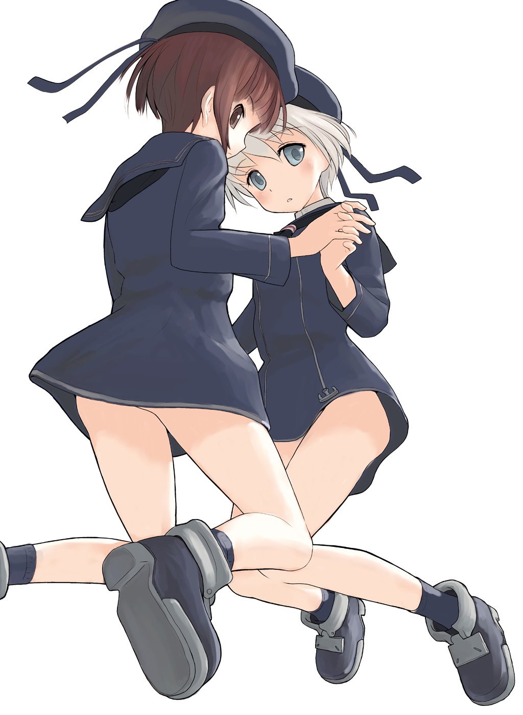 2girls blue_eyes blush brown_eyes brown_hair hat highres holding_hands interlocked_fingers kantai_collection looking_at_viewer mocha multiple_girls personification sailor_collar sailor_dress sailor_hat short_hair white_background z1_leberecht_maass_(kantai_collection) z3_max_schultz_(kantai_collection)
