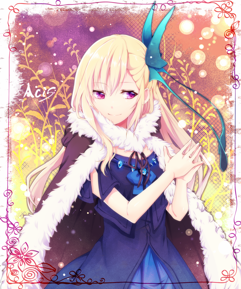 1girl benya_(tales_weaver) blonde_hair blue_dress butterfly_hair_ornament cape dress frame hair_ornament hands_together long_hair pink_eyes smile solo tales_weaver very_long_hair yuya_(night_lily)