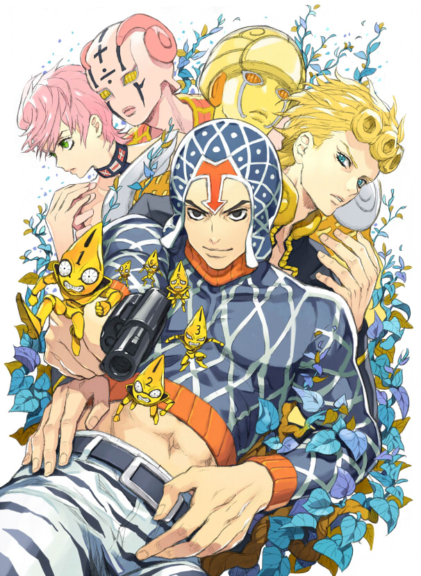 2girls 4boys blonde_hair chocolate_sable giorno_giovanna gold_experience guido_mista gun hat jojo_no_kimyou_na_bouken multiple_boys multiple_girls pink_hair sex_pistols_(stand) spice_girl_(stand) stand_(jojo) trish_una weapon