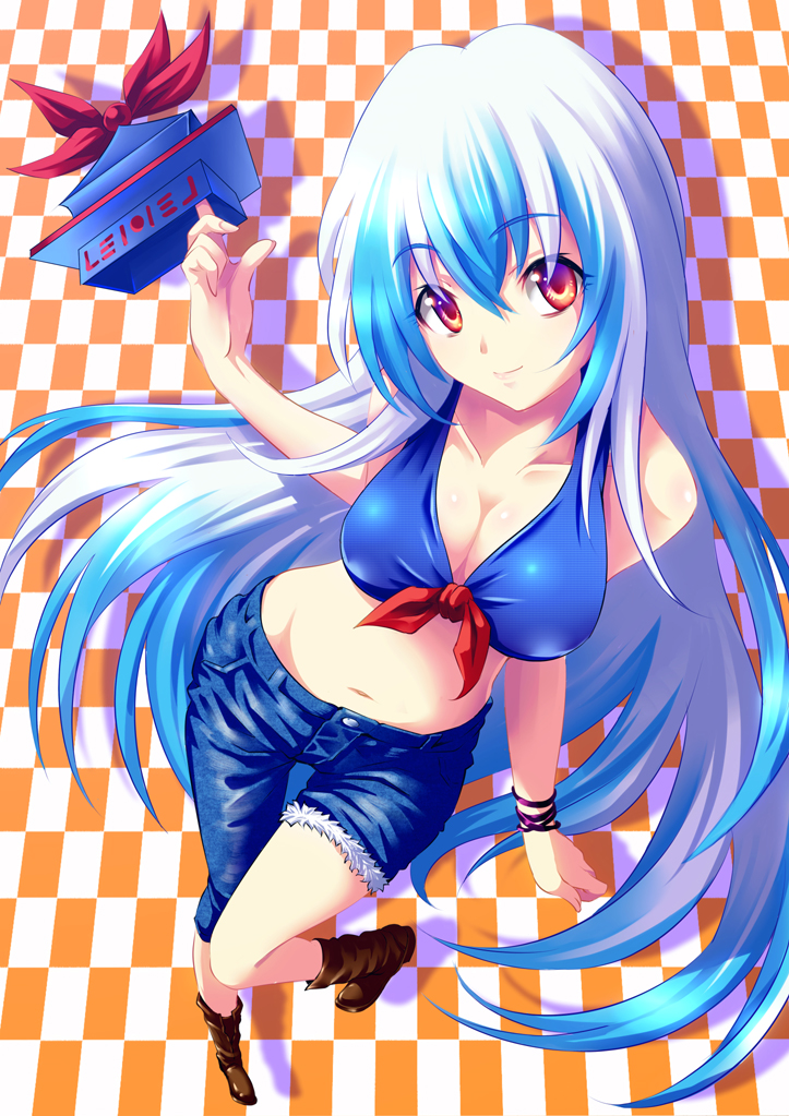 1girl alternate_costume asymmetrical_clothes bare_arms bare_shoulders bikini_top blue_eyes breasts cleavage collarbone hat hat_removed headwear_removed hijikawa_arashi kamishirasawa_keine large_breasts long_hair looking_at_viewer midriff navel pants red_eyes smile solo touhou very_long_hair wrist_ribbon