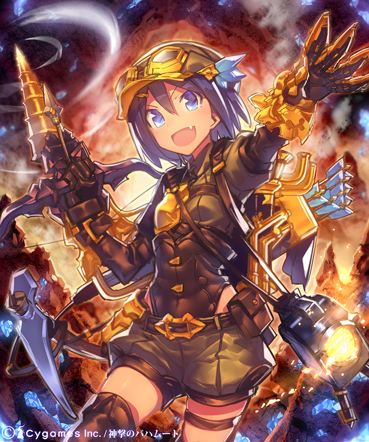 1girl arm_up arrow blue_eyes blue_hair blush bow_(weapon) claws crossbow gloves looking_at_viewer mckeee open_mouth pickaxe shingeki_no_bahamut short_hair shorts smile solo weapon