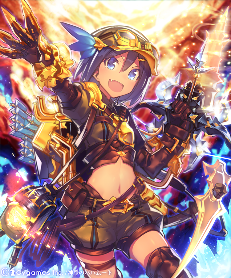 1girl arm_up arrow blue_eyes blue_hair blush bow_(weapon) claws crossbow gloves goggles goggles_on_head looking_at_viewer mckeee midriff navel open_mouth original pickaxe shingeki_no_bahamut short_hair shorts side_ponytail smile solo weapon