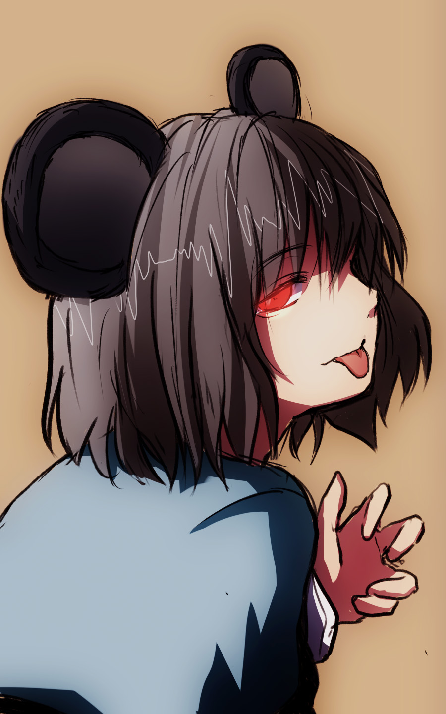1girl animal_ears black_hair bob_cut glowing glowing_eye highres looking_at_viewer looking_back mouse_ears nazrin neko_zukin poncho profile simple_background sketch solo tongue tongue_out touhou