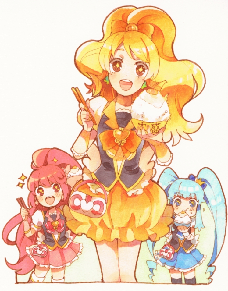 3girls aino_megumi blonde_hair blue_eyes blue_hair blue_skirt blush boots bubble_skirt chopsticks crown cure_honey cure_lovely cure_princess earrings eating egg gradient gradient_background hair_ornament hair_ribbon happinesscharge_precure! happy hayashi_(kanzume) jewelry long_hair looking_at_viewer magical_girl multiple_girls oomori_yuuko open_mouth pink_eyes pink_hair pink_skirt ponytail precure puffy_sleeves ribbon rice shirayuki_hime shirt skirt smile thigh-highs thigh_boots thighs twintails vest white_background wrist_cuffs yellow_eyes yellow_skirt zettai_ryouiki