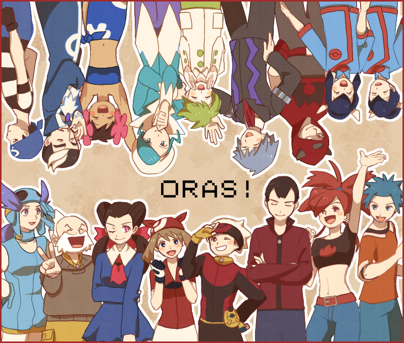 6+boys 6+girls adan_(pokemon) asuna_(pokemon) bandana beard black_hair blue_hair brown_hair copyright_name facial_hair flower fuu_(pokemon) fuyou_(pokemon) gloves green_hair gym_leader hair_flower hair_ornament haruka_(pokemon) midriff mikuri_(pokemon) mitsuru_(pokemon) momii_(hokkori-ya) multicolored_hair multiple_boys multiple_girls nagi_(pokemon) pokemon pokemon_(game) pokemon_oras pokemon_rse ran_(pokemon) senri_(pokemon) silver_hair team_aqua team_aqua_grunt team_magma team_magma_grunt tessen_(pokemon) touki_(pokemon) tsuwabuki_daigo twintails two-tone_hair upside-down v white_hair yuuki_(pokemon)