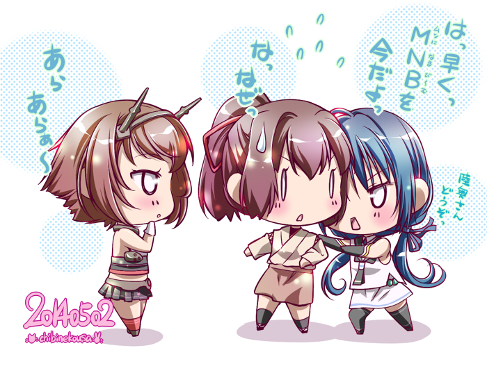 blue_hair breasts brown_hair chibi dated elbow_gloves gloves headgear ichinose_ibuki ise_(kantai_collection) japanese_clothes kantai_collection long_hair multiple_girls mutsu_(kantai_collection) personification ponytail school_uniform serafuku short_hair signature simple_background suzukaze_(kantai_collection) thigh-highs twintails white_background