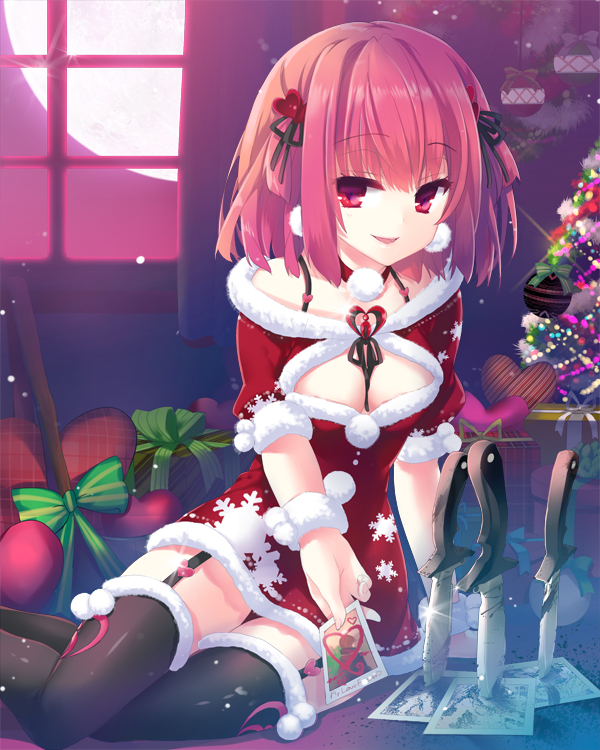 1girl black_legwear blood bow character_request christmas christmas_tree dress e-nya garter_belt gift knife moriah_saga open_mouth photo_(object) pink_hair pom_pom_(clothes) red_dress red_eyes short_hair short_sleeves smile solo thighhighs window