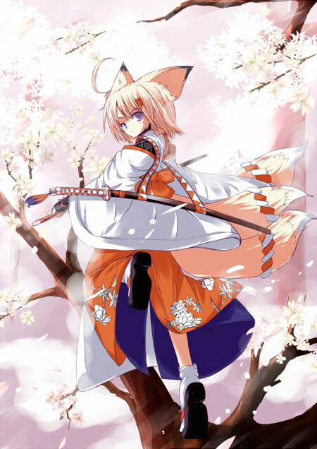 1girl animal_ears blonde_hair branch flower fox_ears fox_tail horoyoi_kitsune in_tree katana looking_at_viewer looking_back multiple_tails original petals sheath sheathed sword tail tree tree_branch weapon