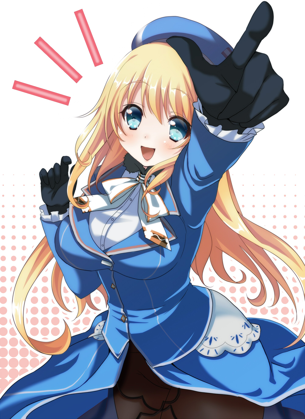 1girl atago_(kantai_collection) black_gloves blonde_hair blue_eyes blush breasts gloves hat highres jacket kantai_collection kazushima large_breasts long_hair long_sleeves open_mouth pantyhose personification smile solo white_background