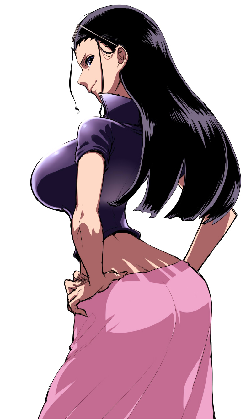 1girl black_hair blue_eyes breasts hands_on_hips highres large_breasts nico_robin one_piece space_jin sunglasses sunglasses_on_head