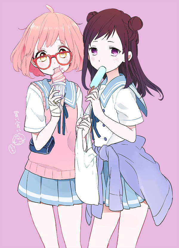 artist_request bandages food glasses ice_cream inami_sakura kuriyama_mirai kyoukai_no_kanata red-framed_glasses skirt sweater_vest violet_eyes