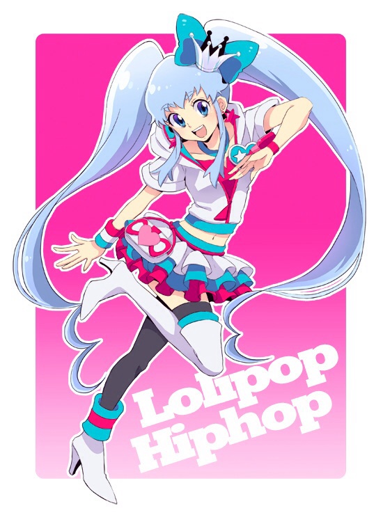 1girl :d alternate_color alternate_form black_legwear blue_eyes blue_hair crown cure_lovely cure_lovely_(cosplay) cure_princess earrings happinesscharge_precure! hoodie jewelry lollipop_hip_hop long_hair magical_girl mini_crown mismatched_footwear mofuko open_mouth payot pink_background precure shirayuki_hime skirt smile solo thigh-highs twintails wrist_cuffs