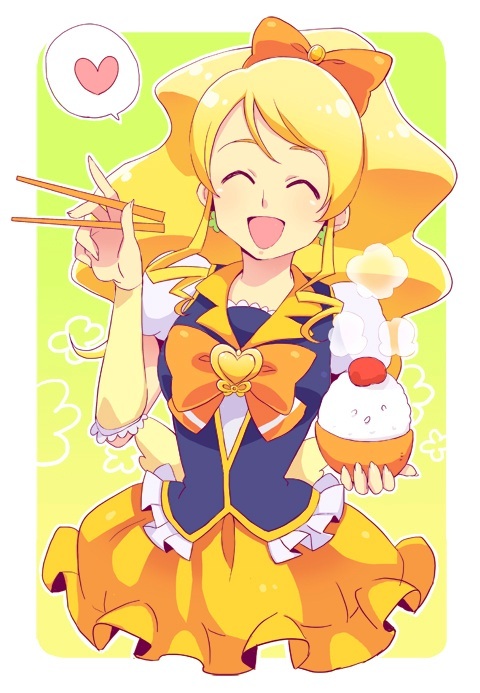 1girl ^_^ blonde_hair bow closed_eyes cure_honey happinesscharge_precure! heart long_hair magical_girl mofuko oomori_yuuko open_mouth ponytail precure rice skirt solo speech_bubble steam yellow_skirt