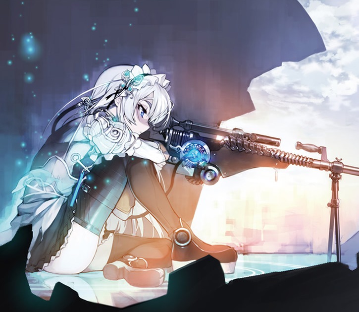 1girl aiming artist_request bipod black_legwear boots butterfly_hair_ornament chaika_trabant glowing gun hair_ornament hairband hitsugi_no_chaika lolita_hairband magic_circle platform_footwear rifle scope sitting sniper_rifle solo thigh_boots thighhighs weapon