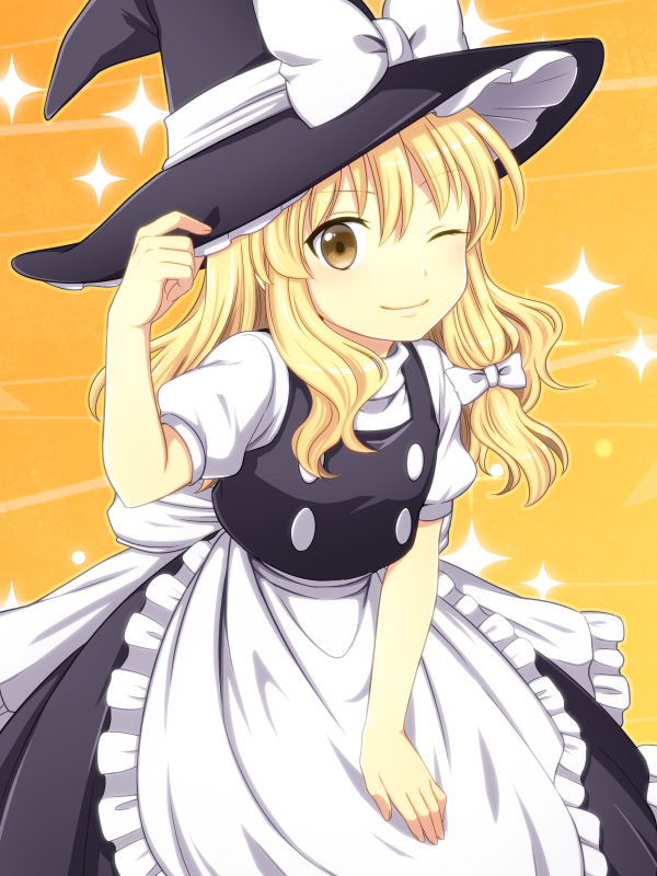 1girl apron bending_forward blonde_hair bow braid hair_bow hand_on_headwear hand_on_own_thigh hat hat_ribbon irino kirisame_marisa light_trail long_hair looking_at_viewer one_eye_closed orange_background puffy_short_sleeves puffy_sleeves ribbon short_sleeves single_braid skirt skirt_set smile solo sparkle touhou waist_apron wink witch_hat yellow_eyes