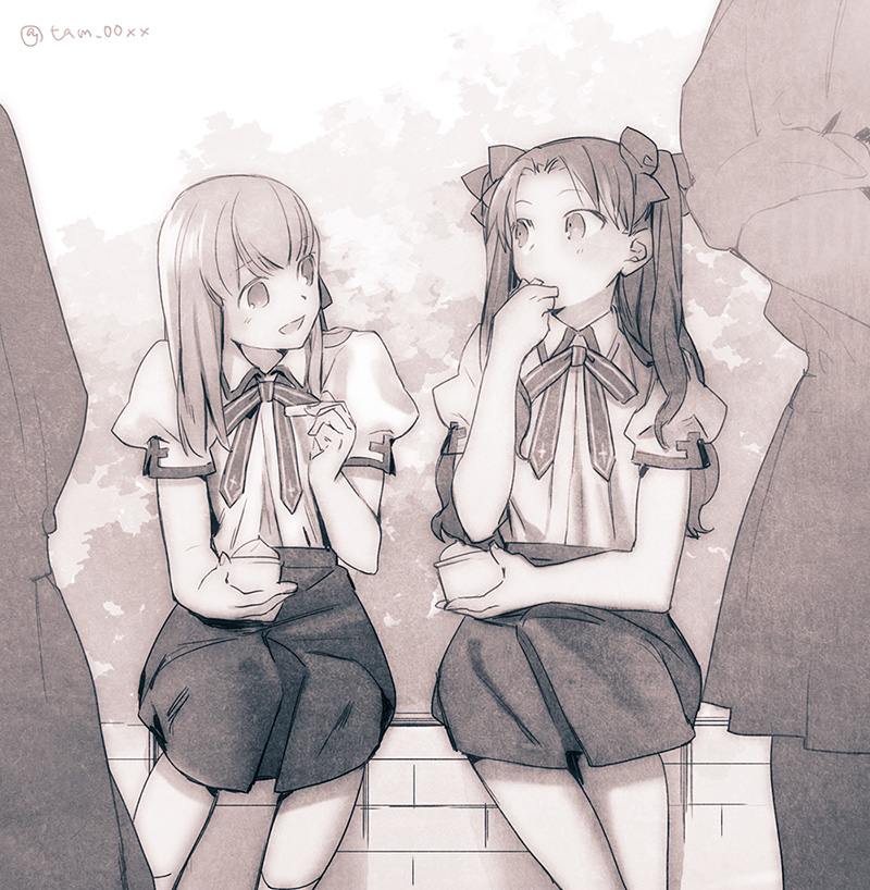 2girls fate/stay_night fate_(series) food greyscale ice_cream matou_sakura monochrome multiple_girls school_uniform siblings sisters tam_(cuq) tohsaka_rin toosaka_rin two_side_up