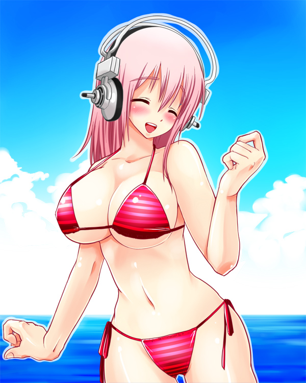 1girl bikini breasts cleavage closed_eyes headphones ichi/mine large_breasts long_hair nitroplus open_mouth pink_hair smile solo striped striped_bikini striped_swimsuit super_sonico swimsuit
