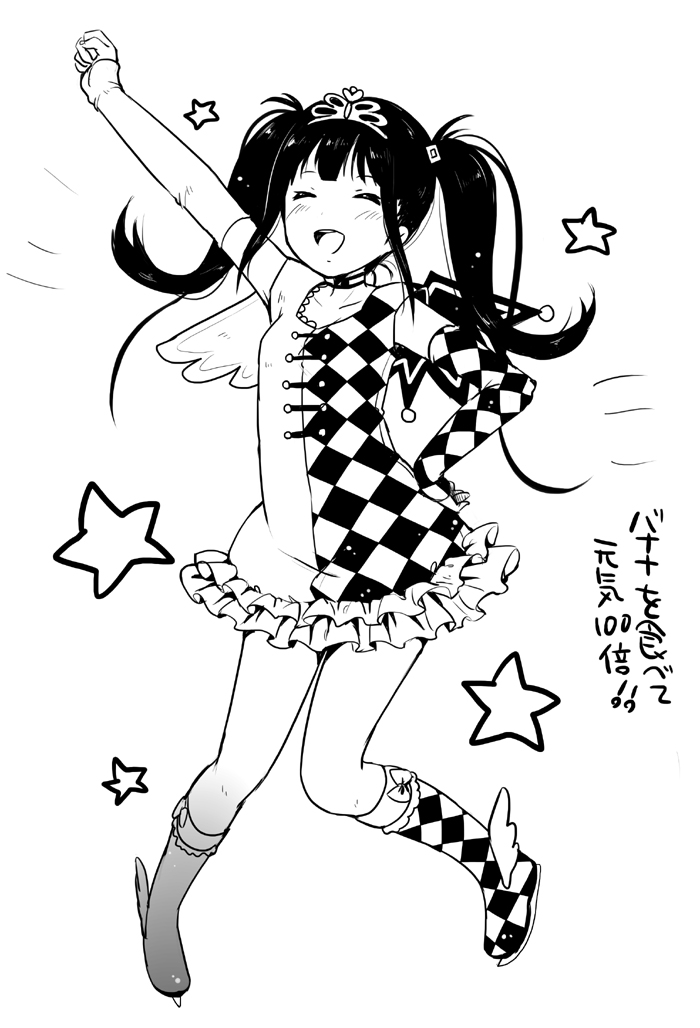 1girl arm_up asymmetrical_clothes asymmetrical_wings checkered closed_eyes collarbone fake_wings greyscale hand_on_hip ice_skates monochrome open_mouth original simple_background skates solo star tagme tiara twintails wings yukiu_kon