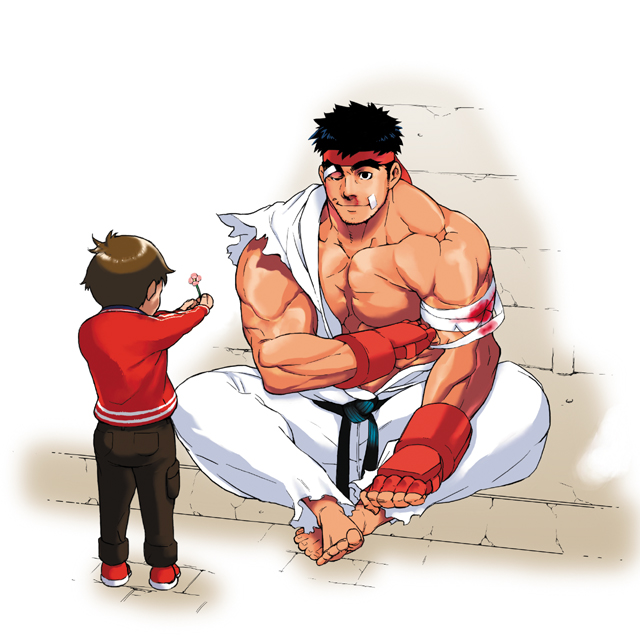artist_request bandages barefoot black_hair blood brown_hair bruise child eyebrows fingerless_gloves flower gloves headband indian_style injury light_smile muscle one_eye_closed ryuu_(street_fighter) sitting street_fighter thick_eyebrows torn_clothes