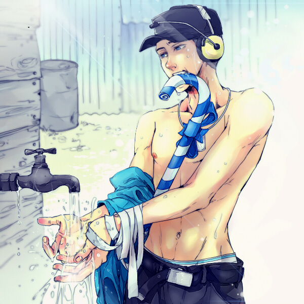1boy apatur4iris candy candy_cane dog_tags faucet hat headset male mouth_hold navel nipples shirtless solo team_fortress_2 the_scout underwear water