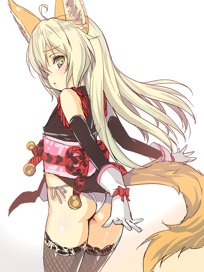 1girl ahoge animal_ears ass blonde_hair blush elin_(tera) emily_(pure_dream) fox_ears fox_tail gloves long_hair looking_at_viewer looking_back panties rough side-tie_panties solo tail tera_online thighhighs underwear