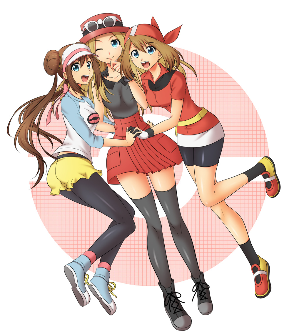 :d bandana bike_shorts black_legwear blue_eyes bow bracelet breasts brown_hair collar double_bun gloves hand_to_own_mouth haruka_(pokemon) hat holding_hands jewelry long_hair mei_(pokemon) multiple_girls one_eye_closed open_mouth pantyhose pleated_skirt pocket poke_ball_theme pokemon pokemon_(game) pokemon_bw2 pokemon_rse pokemon_xy raglan_sleeves segawa-a serena_(pokemon) shoes shorts skirt sleeveless smile socks sunglasses sunglasses_on_head thighhighs twintails visor_cap wink zettai_ryouiki