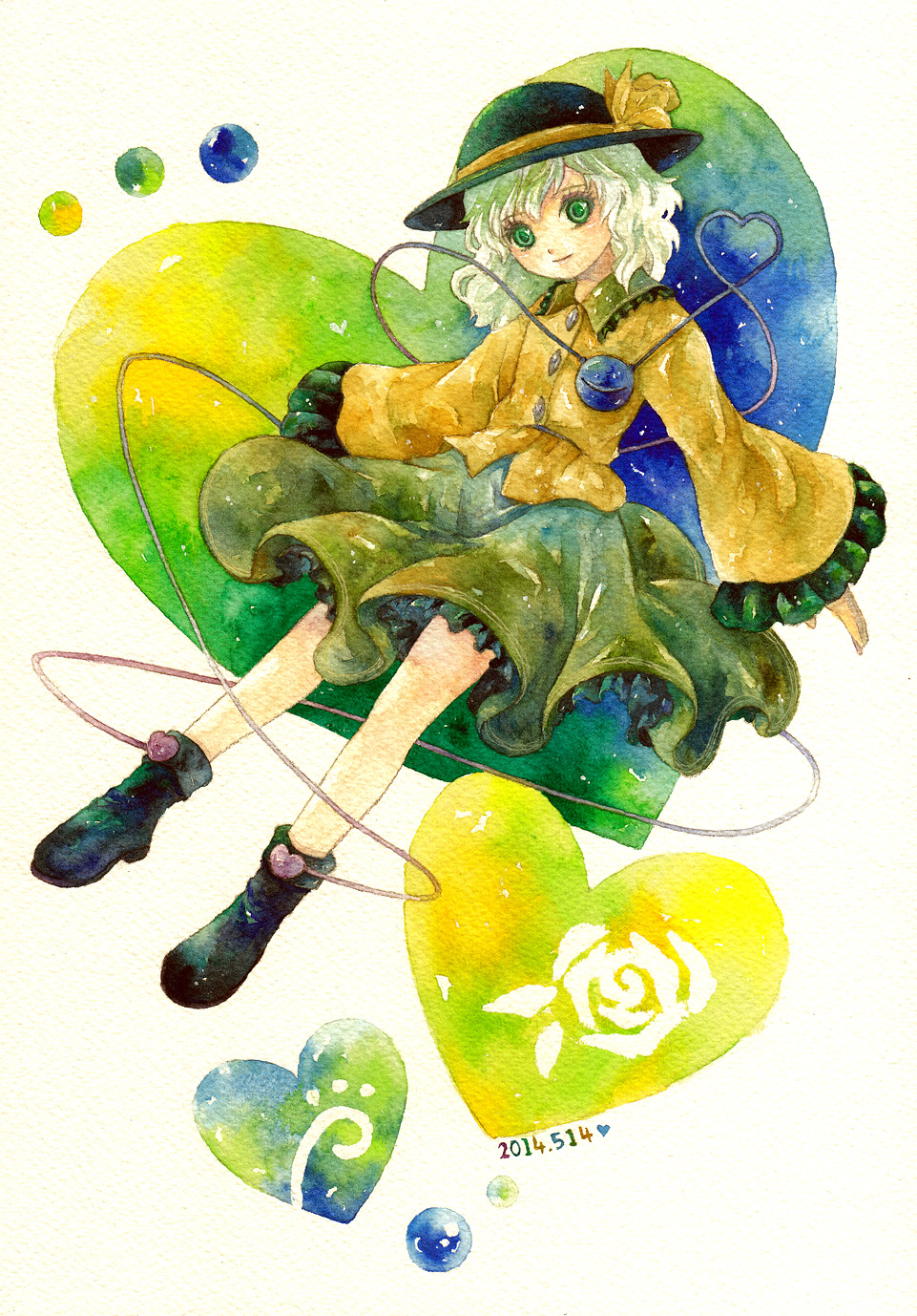 1girl bow flower green_eyes green_hair hat hat_bow heart heart_of_string highres komeiji_koishi rose shiroma_(mamiko) solo third_eye touhou wide_sleeves