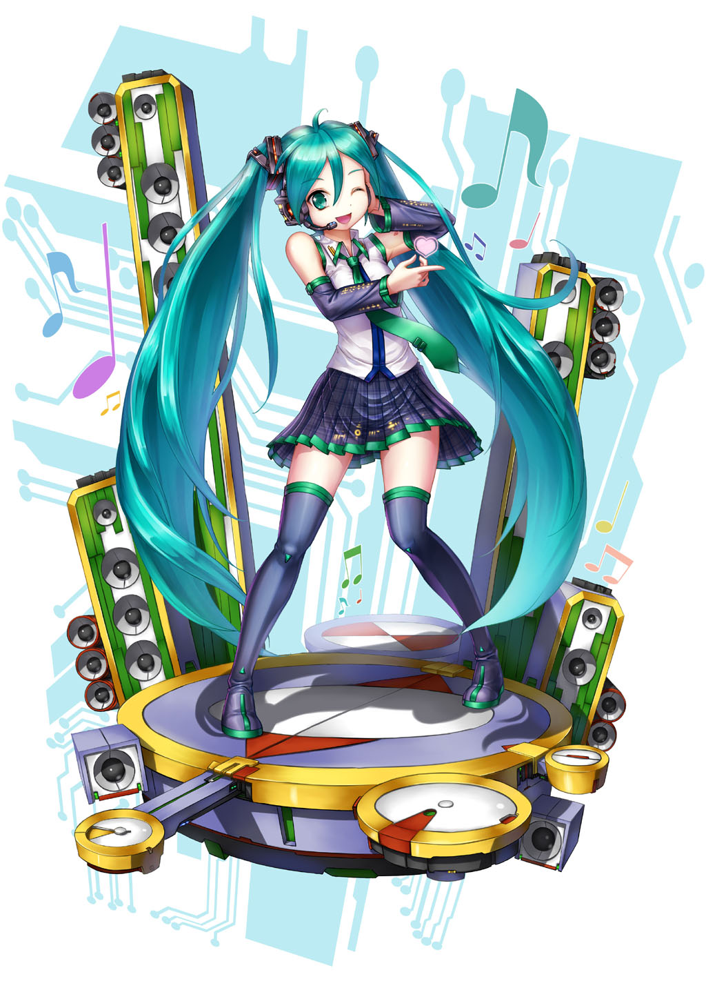 1girl ahoge aqua_hair boots crazypen detached_sleeves green_eyes hatsune_miku headset heart highres long_hair musical_note necktie one_eye_closed open_mouth skirt solo speaker thigh_boots thighhighs twintails very_long_hair vocaloid wink