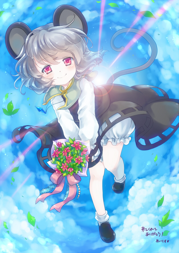 1girl animal_ears bloomers blue_sky bouquet capelet clouds dress flower flying gem grey_dress grey_hair iris_anemone jewelry leaf long_sleeves looking_at_viewer mouse_ears mouse_tail nazrin necklace pendant pink_eyes sky smile solo sunlight tail touhou underwear