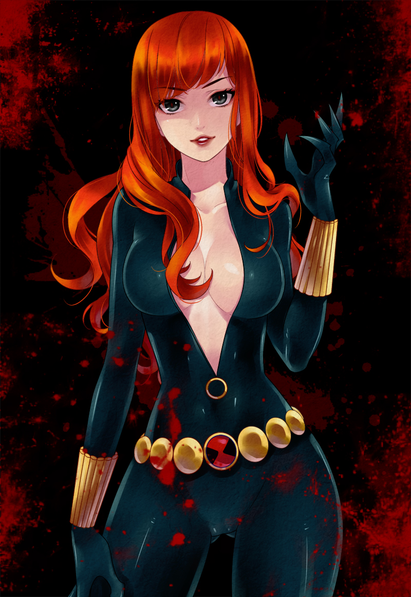 1girl avengers black_widow blood bodysuit breasts center_opening claws contrapposto cowboy_shot ee0418 female grey_eyes lipstick long_hair makeup marvel orange_hair parted_lips skin_tight solo