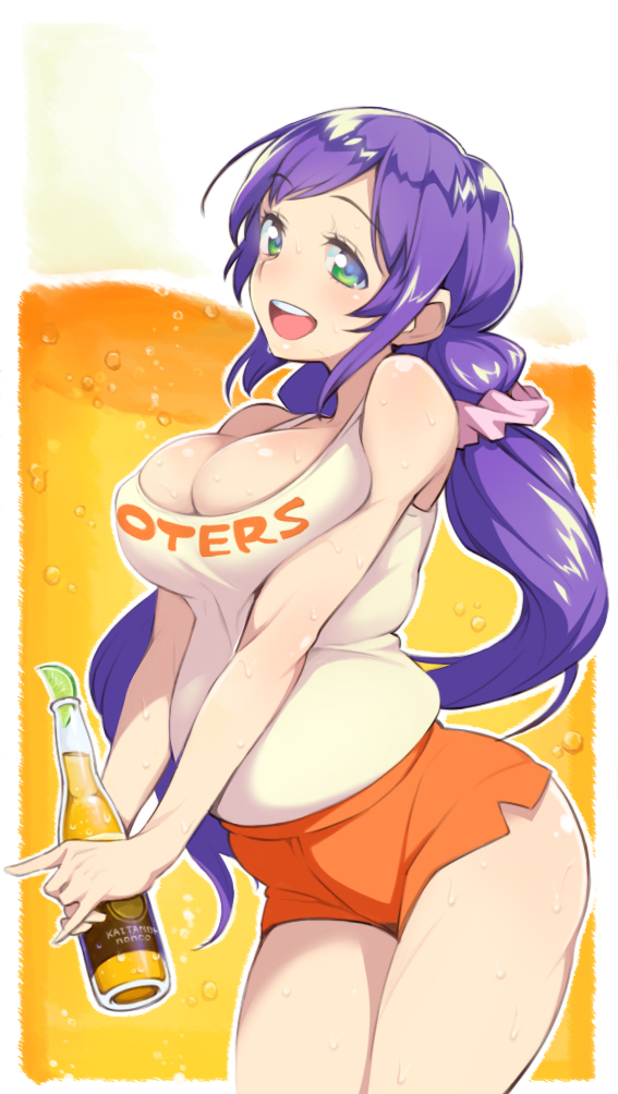 1girl :d arched_back bare_shoulders breasts cleavage green_eyes hooters large_breasts long_hair love_live!_school_idol_project low_twintails nonco open_mouth plump purple_hair shiny shiny_skin short_shorts shorts smile solo sweat toujou_nozomi twintails very_long_hair