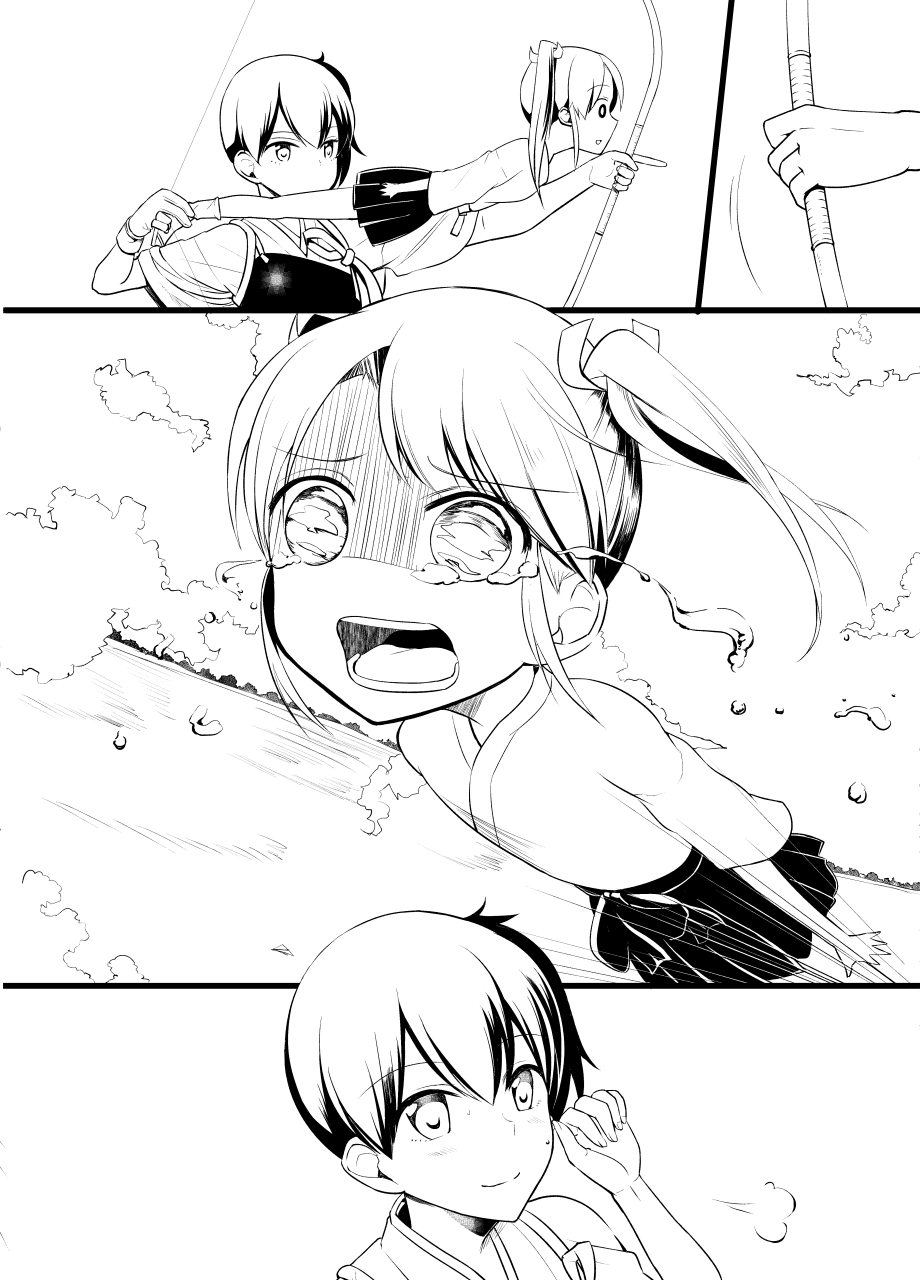 bow_(weapon) comic crying crying_with_eyes_open flying highres kaga_(kantai_collection) kantai_collection launching meet monochrome ocean sky tears weapon zuikaku_(kantai_collection)