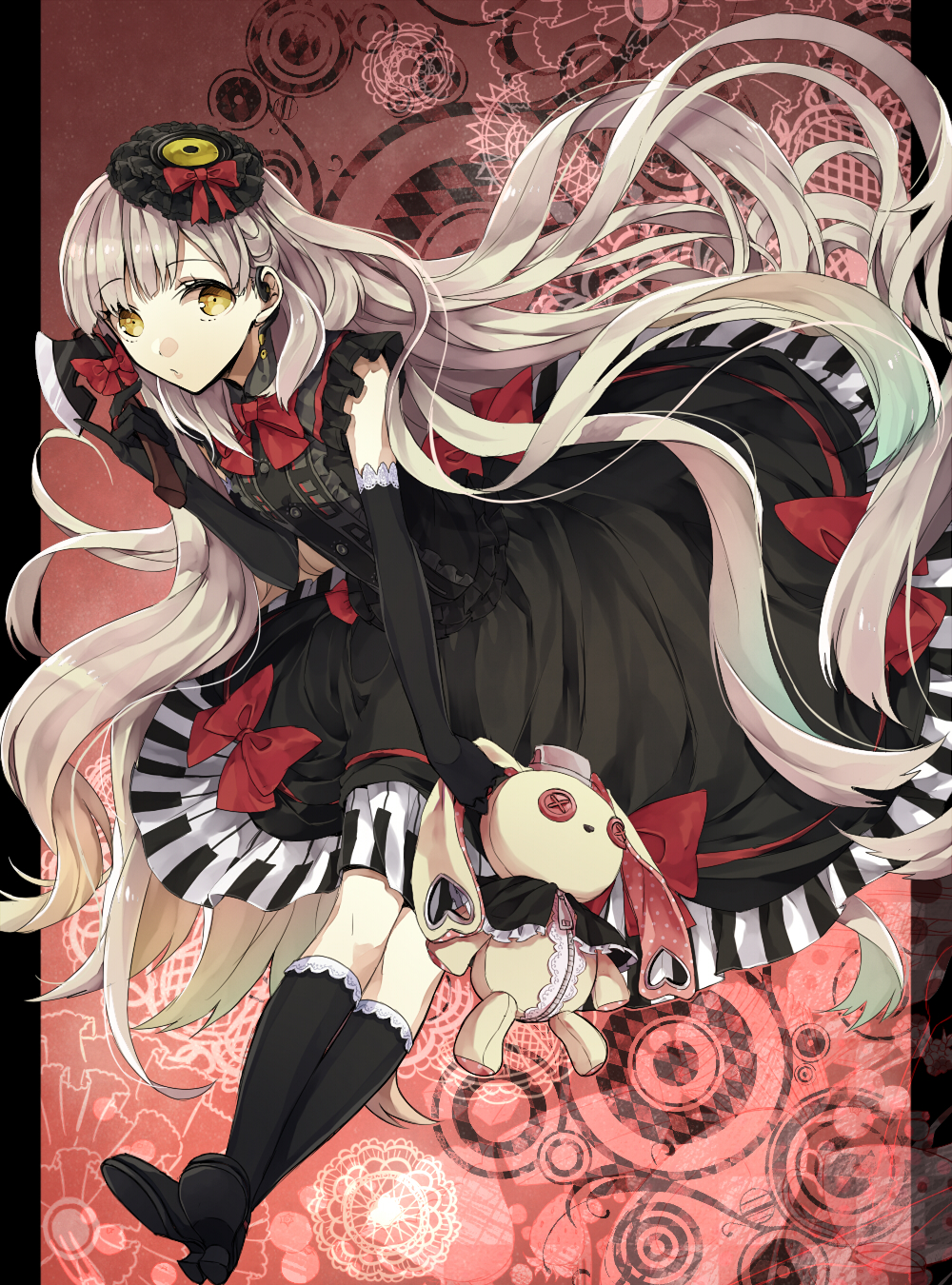 1girl axe blonde_hair bow dress earrings elbow_gloves gloves gothic_lolita hair_ornament hat headphones highres jewelry lolita_fashion long_hair looking_at_viewer mayu_(vocaloid) piano_print solo stuffed_animal stuffed_bunny stuffed_toy vocaloid weapon wonoco0916 yellow_eyes