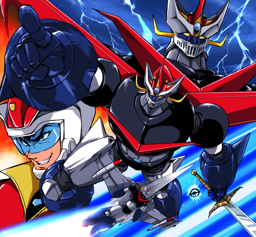 character_request great_mazinger grin lightning mecha smile sword weapon yuya