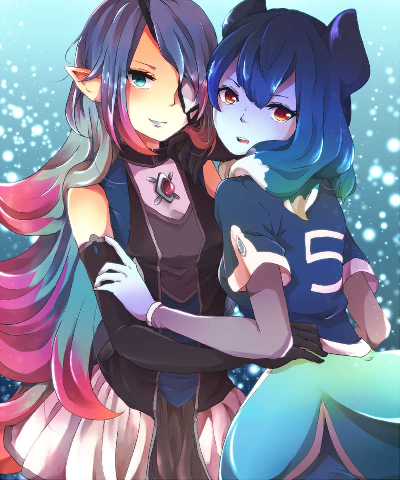 2girls blue_hair blue_lips blue_skin elbow_gloves eyepatch gloves hilary_flail inazuma_eleven_(series) inazuma_eleven_go inazuma_eleven_go_galaxy long_hair looking_at_viewer looking_back multicolored_hair multiple_girls open_mouth pink_hair pointy_ears powai_pichori two-tone_hair very_long_hair