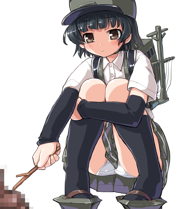 1girl arare_(kantai_collection) black_hair brown_eyes censored dd_(ijigendd) from_below kantai_collection panties pantyshot personification pleated_skirt poop skirt solo squatting stick underwear upskirt white_panties