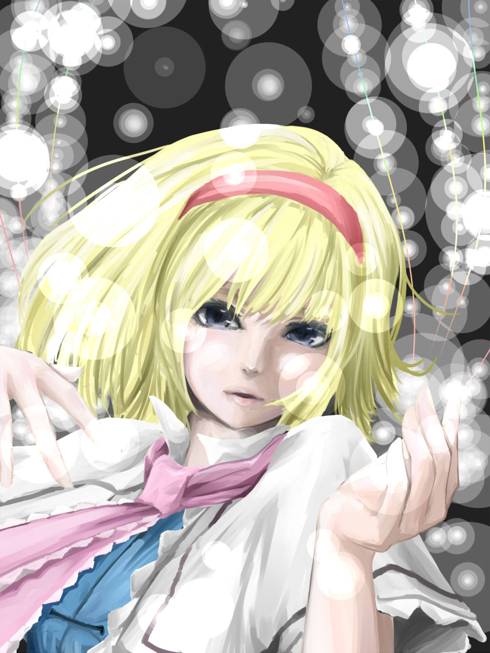 1girl alice_margatroid ascot blonde_hair blue_eyes capelet face hairband highres kazu_(rakugakino-to) looking_at_viewer parted_lips portrait puppet_strings short_hair solo touhou