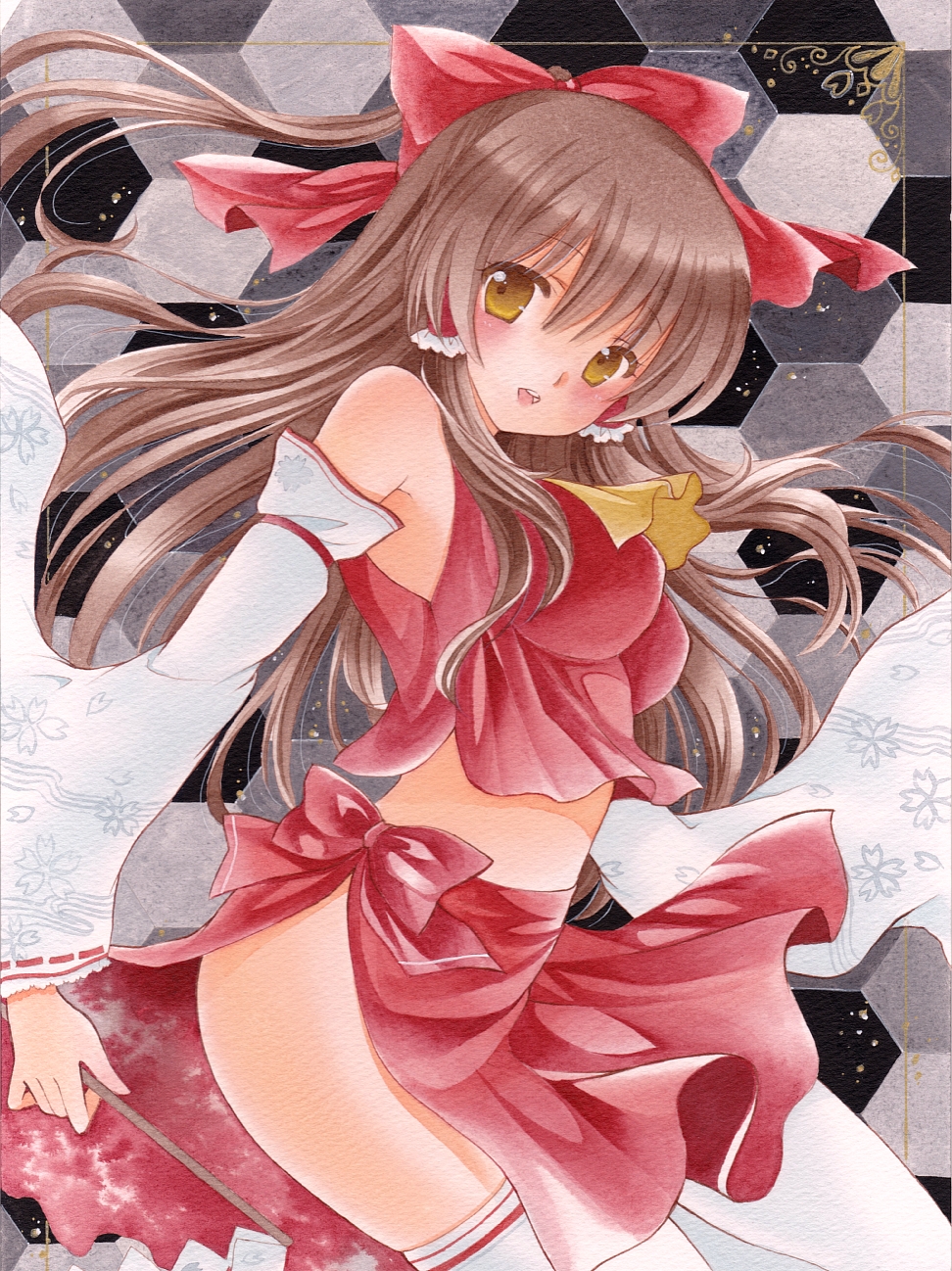 1girl armpits ascot blush border bow breasts brown_hair cherry_blossoms color_ink_(medium) detached_sleeves floral_print gohei hair_bow hair_tubes hakurei_reimu head_tilt highres honeycomb_background long_hair looking_at_viewer midriff open_mouth payot pom77 ponytail ribbon-trimmed_sleeves ribbon_trim skirt skirt_set solo thighhighs touhou traditional_media white_legwear yellow_eyes