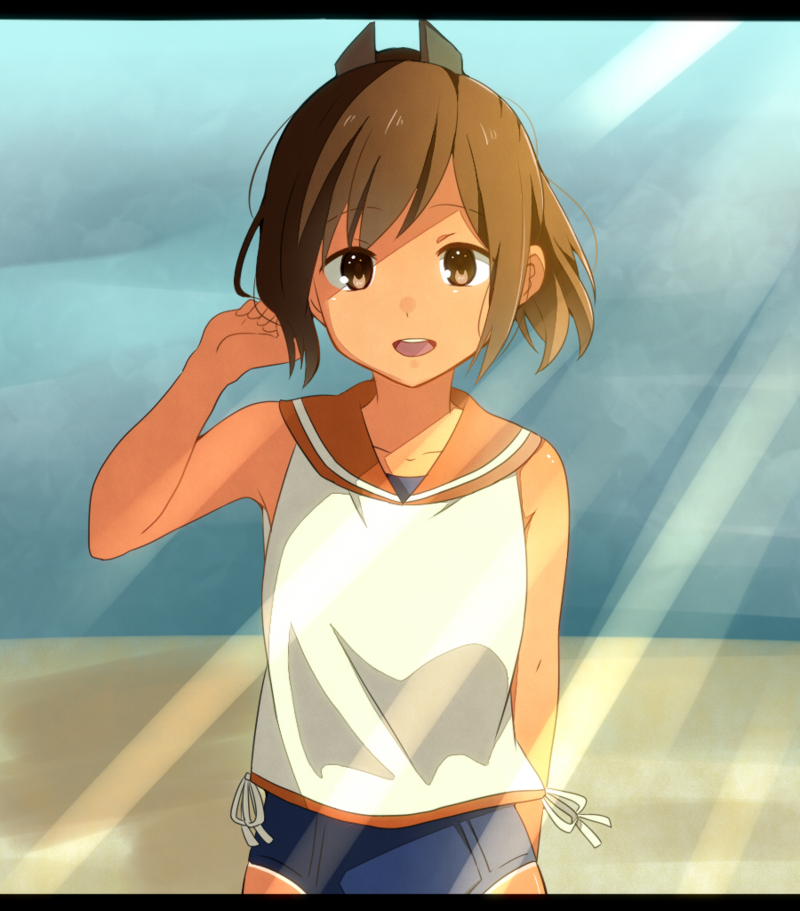 1girl bare_shoulders brown_eyes brown_hair i-401_(kantai_collection) kantai_collection looking_at_viewer one-piece_swimsuit open_mouth personification ponytail school_swimsuit short_hair short_ponytail solo swimsuit yukichi_(eikichi)