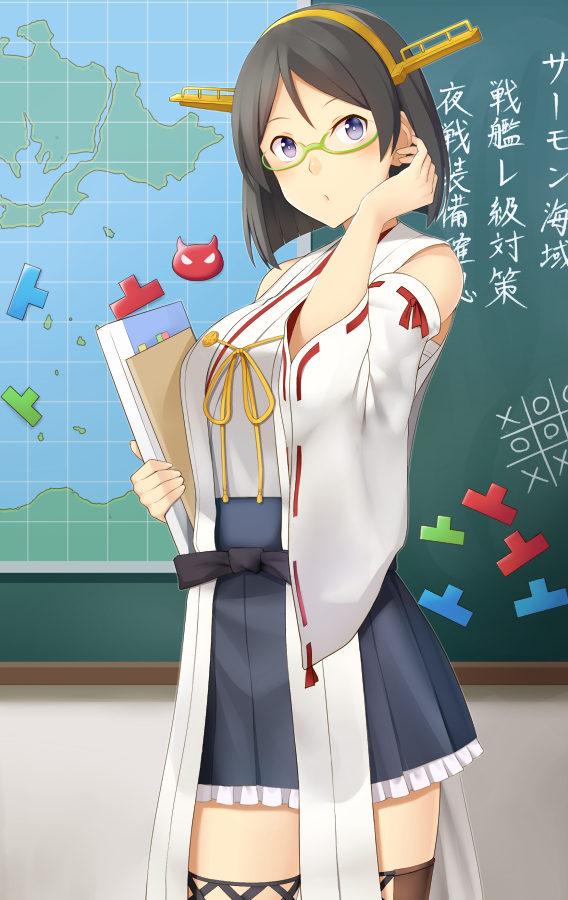 1girl bare_shoulders breasts brown_hair chalkboard glasses kantai_collection kirishima_(kantai_collection) map short_hair skirt solo tic-tac-toe translation_request tsuchifumazu violet_eyes