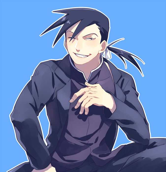 1boy black_hair blue_background formal fullmetal_alchemist gotnojob greed grin happy ling_yao long_hair looking_at_viewer one_eye_closed ponytail shirt simple_background sitting smile solo suit tagme wink