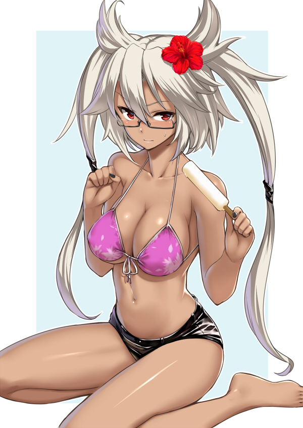 1girl bare_shoulders barefoot bikini blush breasts cleavage dark_skin flower front-tie_top glasses hair_flower hair_ornament kantai_collection large_breasts long_hair looking_at_viewer musashi_(kantai_collection) navel popsicle red_eyes semi-rimless_glasses short_shorts shorts silver_hair solo swimsuit takemori_shintarou twintails under-rim_glasses