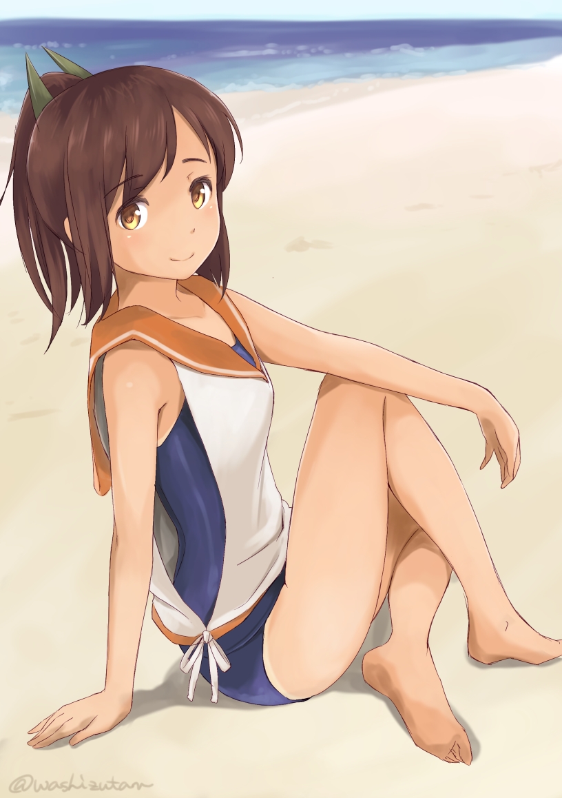 1girl barefoot beach blush brown_eyes brown_hair i-401_(kantai_collection) kantai_collection looking_at_viewer one-piece_swimsuit ponytail rough sailor_collar school_swimsuit school_uniform short_hair short_ponytail sitting smile solo swimsuit tan wa_(genryusui)