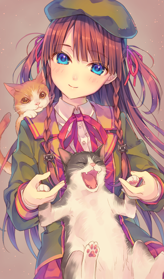1girl animal_on_shoulder blue_eyes braid cat cat_on_shoulder fangs hair_ribbon hat head_tilt imomu looking_at_viewer open_clothes open_jacket open_mouth original redhead ribbon shirt skirt smile solo twin_braids two_side_up vest