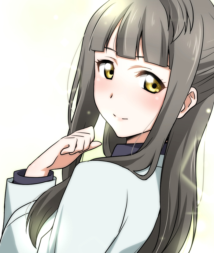 1girl blush from_behind grey_hair ikari_manatsu long_hair looking_at_viewer looking_back love_live!_school_idol_project minami_kotori's_mother mother simple_background smile solo white_background yellow_eyes