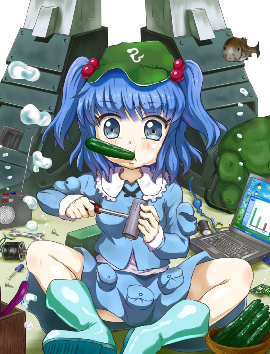 1girl air_bubble backpack bag blue_eyes blue_hair boots bowl circuit_board computer cucumber fish food_in_mouth hair_bobbles hair_ornament indian_style kawashiro_nitori key laptop long_sleeves looking_at_viewer mecha radio rubber_boots screwdriver short_hair simple_background sitting skirt skirt_set solo tonakai_(bunsuka) tools touhou white_background wire wrench