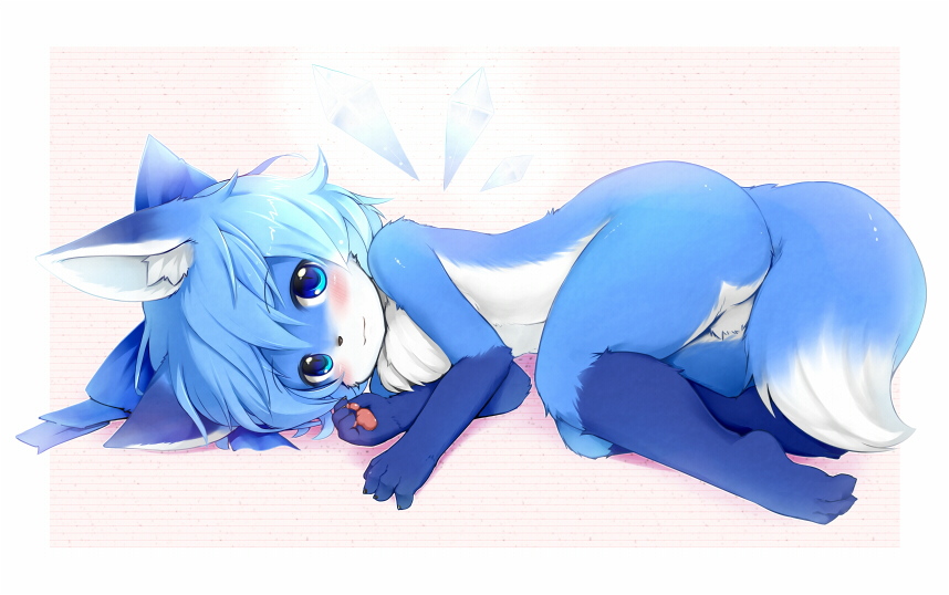 1girl animal animal_ears ass bangs barefoot blue_bow blue_eyes blue_hair blush bow cirno closed_mouth feet fox fox_ears fox_tail frame furry hair_bow kagerofu looking_at_viewer lying nude paws payot shadow short_hair smile solo tail toes touhou wallpaper white_border wings