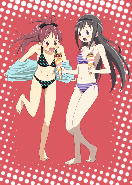 2girls akemi_homura bikini black_hair blush bow cap_(dkdm-d) crepe food hair_bow hairband jacket jacket_off_shoulders long_hair mahou_shoujo_madoka_magica multiple_girls open_mouth ponytail red_eyes redhead sakura_kyouko surprised swimsuit tagme